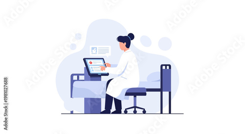 Doctor working on laptop at desk in clinic