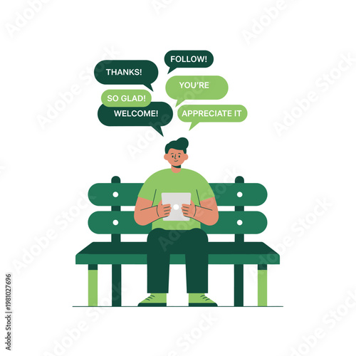 Person Sitting On Bench With Speech Bubbles.