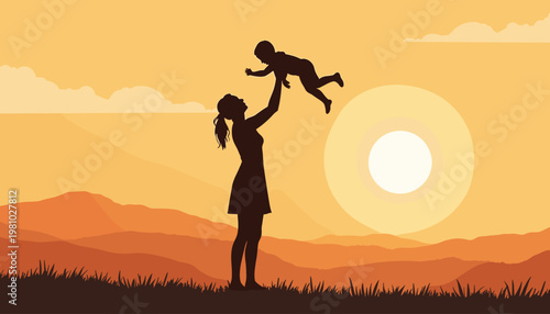 Mother lifting child in silhouette against sunset background. Mother's Day 