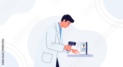 Doctor Scanning Patient ID Card with Barcode Scanner for Medical Check-in