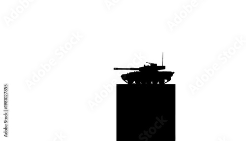 Tank silhouette on elevated platform against white background for Victory Day  