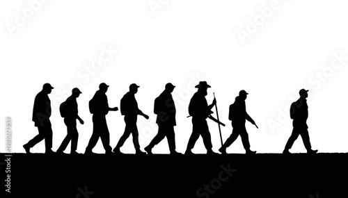 Silhouettes of soldiers marching in unison on a white background. Victory Day  
