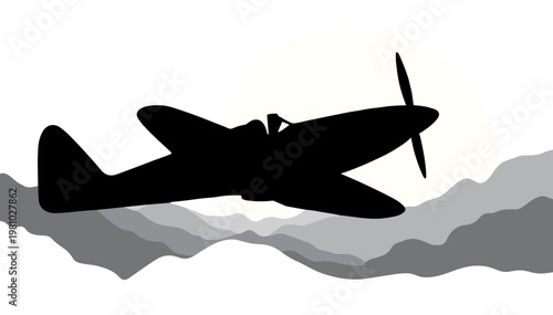 Silhouette of an airplane flying over mountains at sunrise. Victory Day  