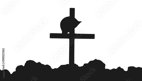 Silhouette of a cat sitting on a gravestone with dirt background. Victory Day 