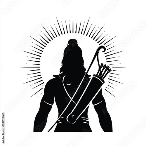 Archer stands heroically with bow and quiver against radiant sun backdrop, rum 