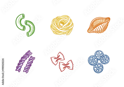 Authentic Italian Pasta Varieties and Dry Macaroni Shapes with Colorful Crayony Pencil Texture and Calligraphic Fluid Ink Aesthetic