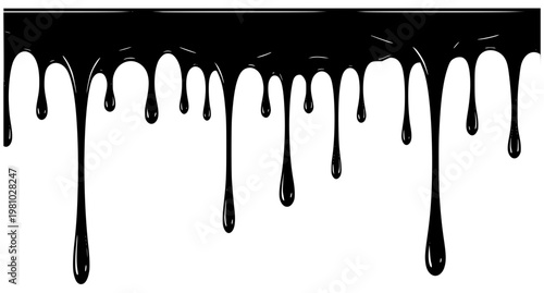 Seamless black oil dripping flow pattern vector with glossy liquid streams horizontal repeat design