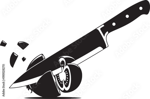 Black knife slicing through watermelon cutting