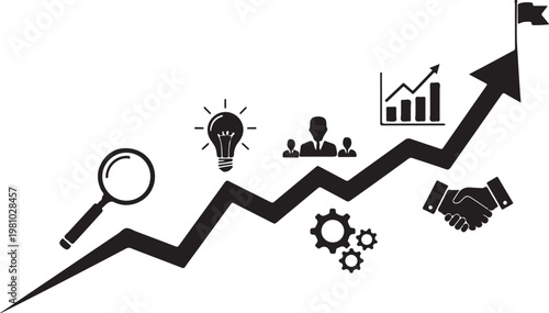 Black line graph with business white magnifying glass