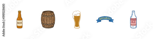 Craft Beer Brewery Elements and Glassware Collection with Colorful Crayony Pencil Texture and Organic Textures