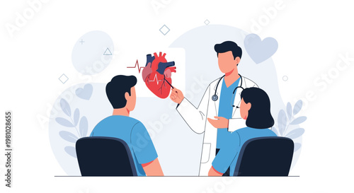 Doctor explaining heart anatomy to patients, cardiology consultation, healthcare concept