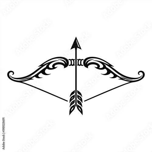 The bow and arrow are drawn with an ornate design 