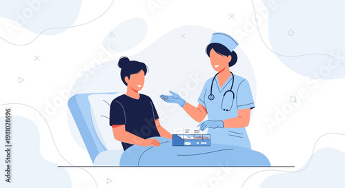 Nurse Giving Medication to Patient in Hospital Bed - Healthcare Illustration