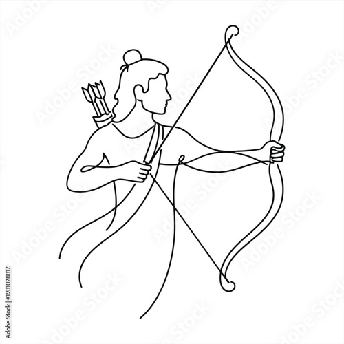 Archer prepares to shoot arrow from bow and quiver on back outdoors