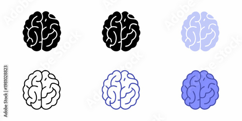 Illustrations of human brains in varying styles and color schemes