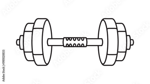 Black and white line drawing of a dumbbell with weights on both ends and a knurled handle in the middle