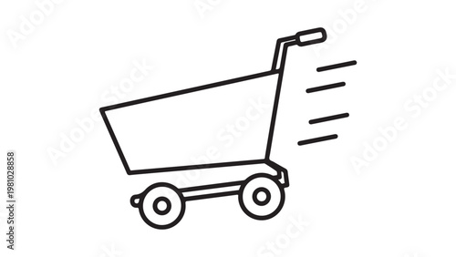 A black line drawing of a shopping cart speeding to the right on a white background with motion lines