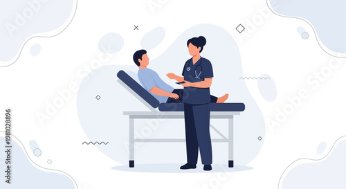 Doctor examining patient on medical examination table, healthcare concept