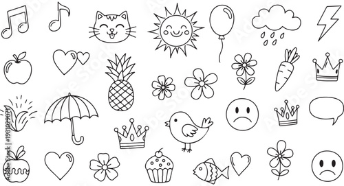A collection of various cute line drawn doodle icons on white background including food music symbols and objects