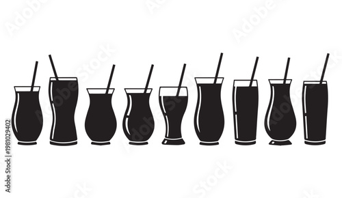 Assorted drink glasses with straws lined up in a row on a white background