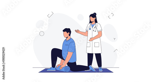 Physical therapist assisting patient with stretching exercise on yoga mat