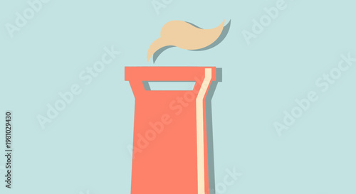 Minimalist illustration of a smoking chimney with smoke plume against a sky blue background.