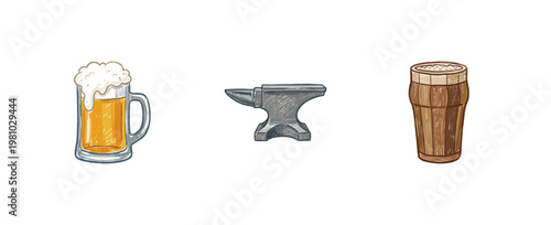 Craft Beer Brewery and Pub Elements with Vintage Colorful Crayony Pencil Texture and Rustic Letterpress Aesthetic