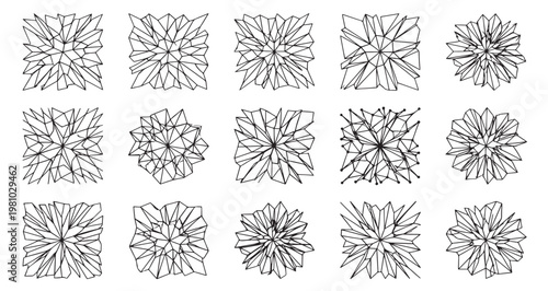 Digital Wireframe Break Patterns Set, data nodes, crystalline structures. Editable Vector Stroke Illustration. featuring vector, geometric, abstract, lines, graphic, pattern, design, shapes more.