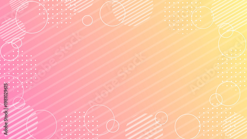 ピンクと黄色のグラデーションメンフィス背景 斜めストライプとドットのポップで華やかなデザイン 横長 16対9