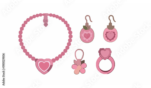 Cute doll style pink jewelry vector set with necklace earrings and ring in vintage flat design