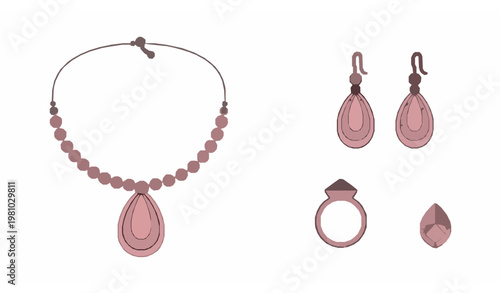 Vintage pink jewelry vector set with necklace earrings and ring in minimal doll style illustration