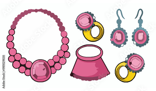 Playful cartoon doll jewelry vector set with pink necklace ring and earrings for kids fashion design