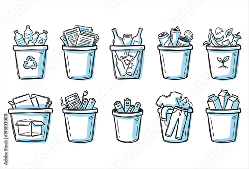 Hand Drawn Recycle Bin Icon Set – Eco Friendly Waste & Recycling Symbols