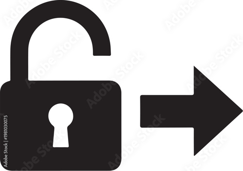 Black padlock with open shackle and keyhole next to right pointing arrow