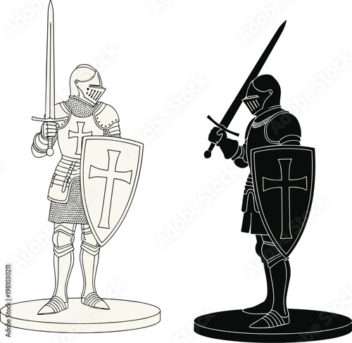 Medieval knights silhouette, black and white armor, sword and shield icon, battle figurine design, opposing forces symbol, historic warrior illustration