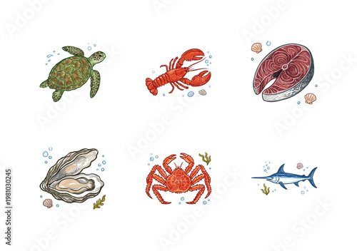 Seafood and Marine Life Collection with Colorful Crayony Brush Strokes and Artistic Ink Wash Style