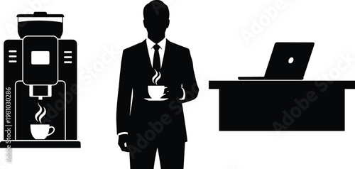 Minimalist office coffee break, silhouette worker with cup, laptop desk illustration, coffee machine art, professional workplace routine design drawing