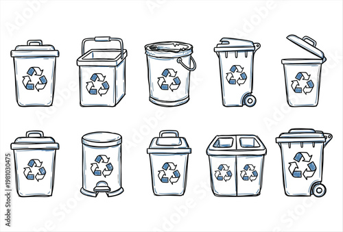 Hand Drawn Recycle Bin Icon Set – Eco Friendly Waste & Recycling Symbols
