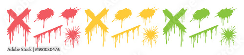 Colorful dripping paint splatters and cross marks vector set, red yellow and green spray paint drips, urban graffiti style ink blots and stains