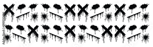 Grunge graffiti spray paint elements, black ink splatter and dripping cross symbols, urban street art vector set for edgy graphic design