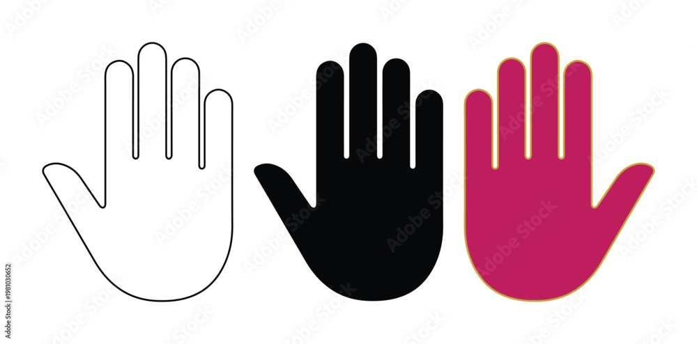 Fototapeta premium Minimalist human hand icons set, open palm stop gesture symbols, black and pink flat vector silhouettes for safety and communication design
