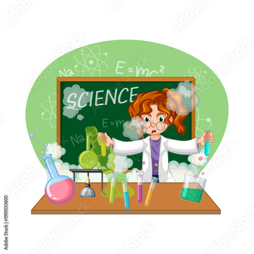 Little Girl Scientist Character Doing Chemistry Experiment in Laboratory