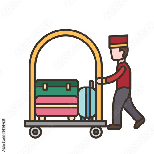 Hotel Bellhop Character Pushing Luggage Cart with Suitcases