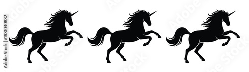 Black unicorn silhouette set, mythical horse rearing vector illustrations, fantasy creature icons for logo design and magical branding