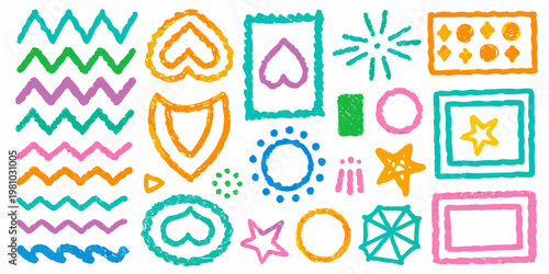 Colorful crayon drawings of various shapes and patterns on white background