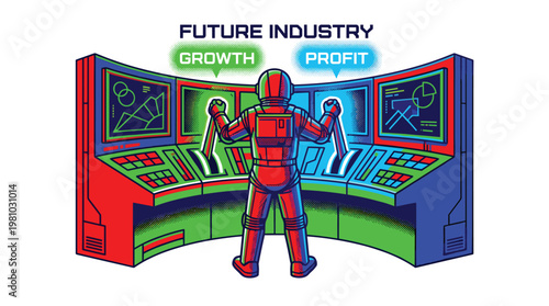 An astronaut stands before a curved high-tech control console with multiple screens displaying analytical data in a vibrant red, blue, and green color scheme.