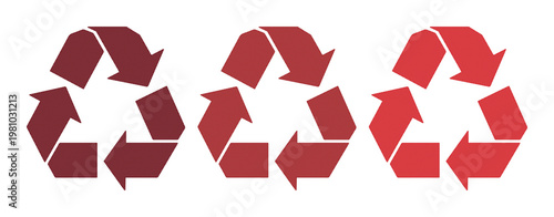 Red recycling symbol set, three maroon and crimson recycle icons in vector format, eco-friendly sustainability signs for waste management branding