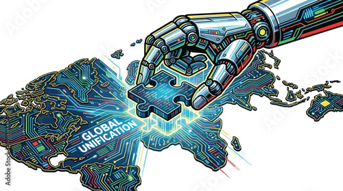 High-tech robotic hand precisely places a glowing blue puzzle piece into a complex circuit-patterned map of the world during global unification era.