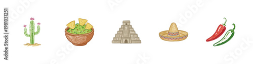 Mexican Cultural Elements and Traditional Food Icons in Colorful Crayony Pencil Texture Style with Textured Sketch Aesthetics