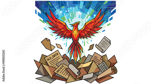A majestic polygonal phoenix rises from a chaotic pile of scattered old data files and documents into a bright sky of digital circuit patterns.